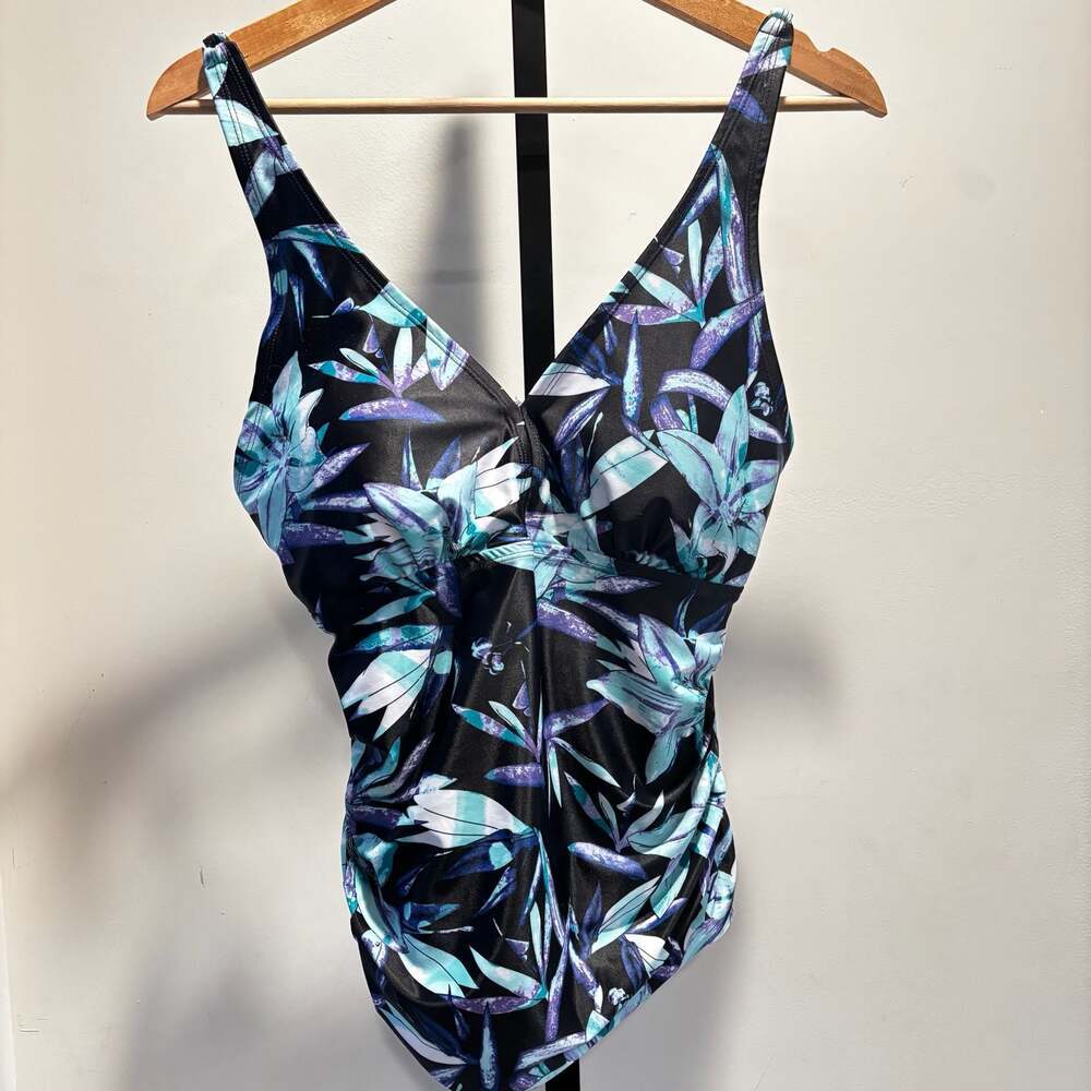 Caribbean Sand Tropical Floral Print Ruched One Piece Swimsuit Size 12